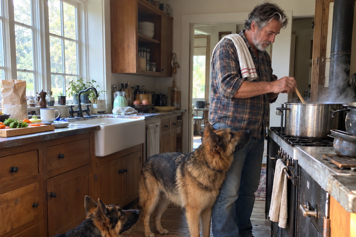 Hank cooking the one-pot Shepherd recipe while his dogs wait