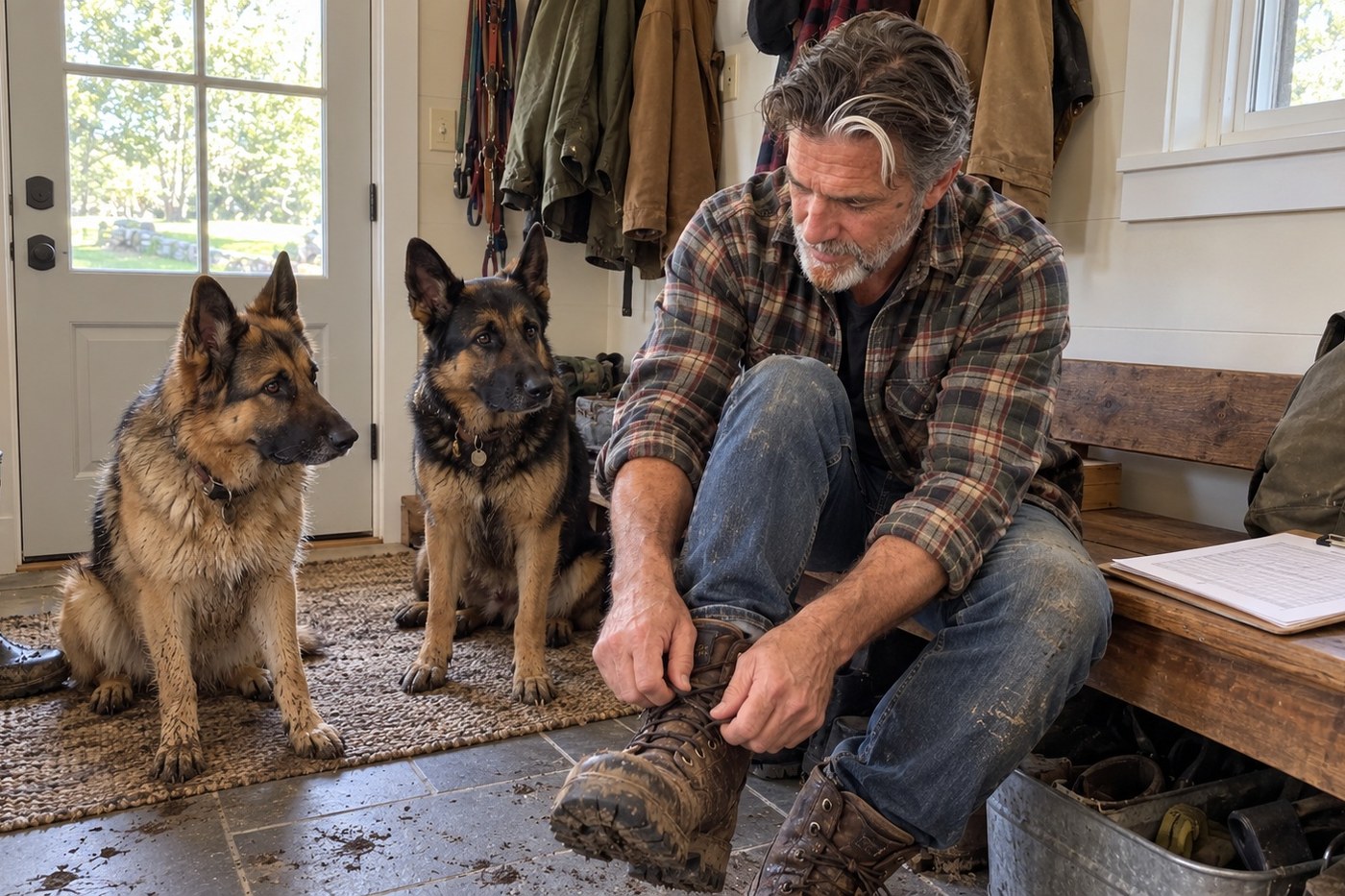 Hank checking the 14-day plan before chores while his Shepherds wait