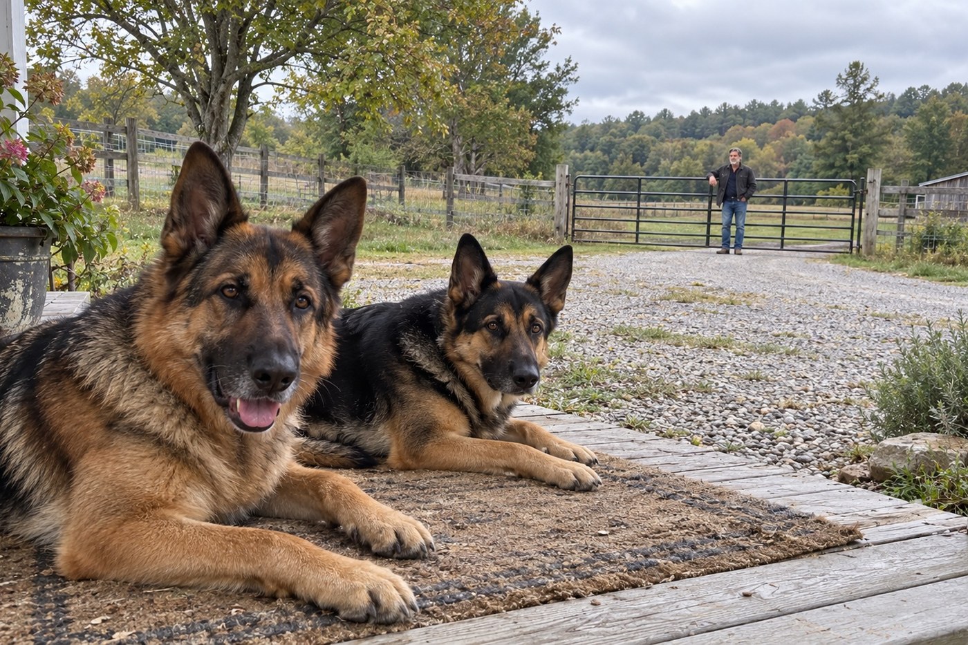 Two German Shepherds resting calmly on the porch