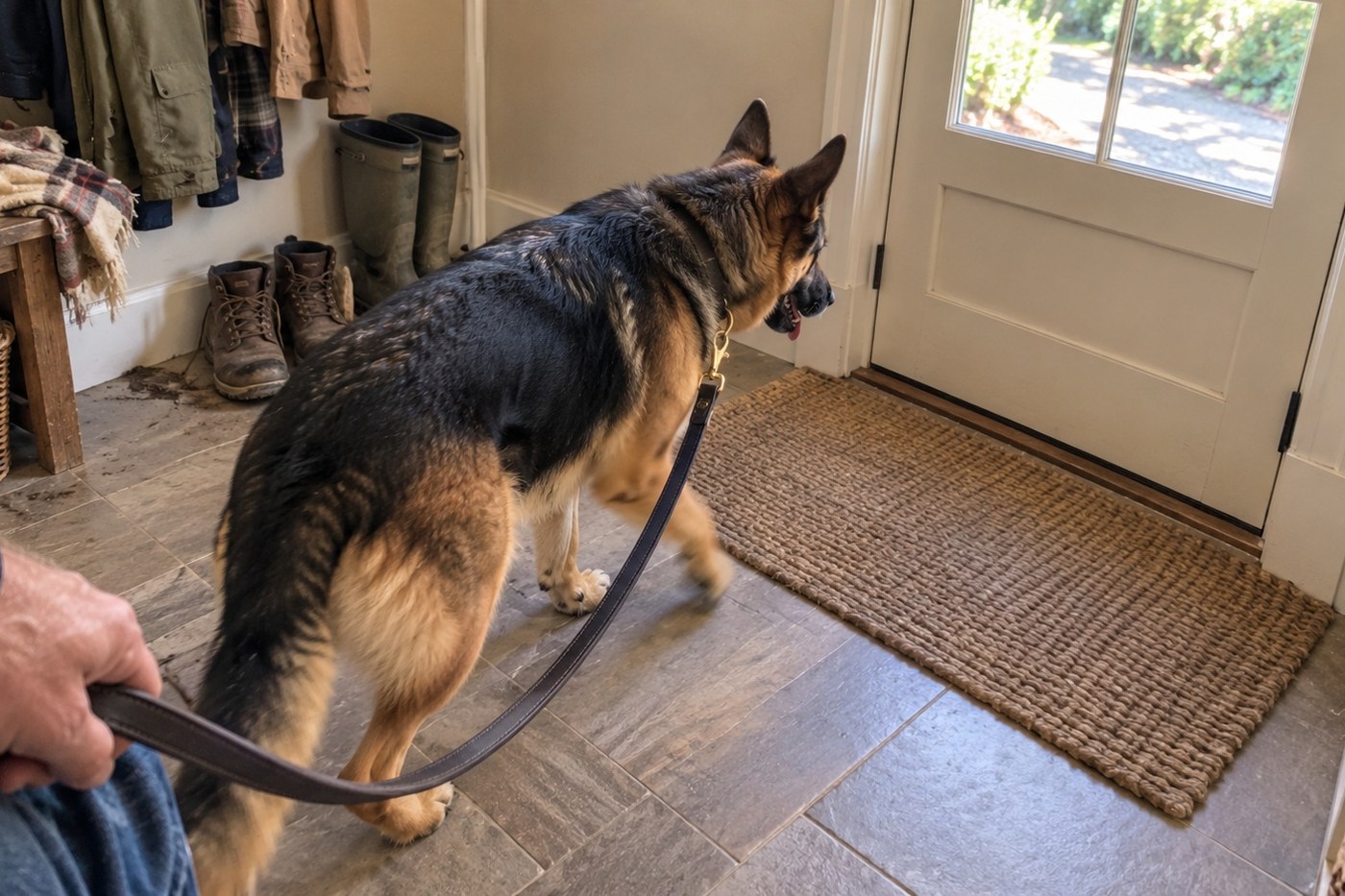 Hank with his two German Shepherds standing alert in the barn