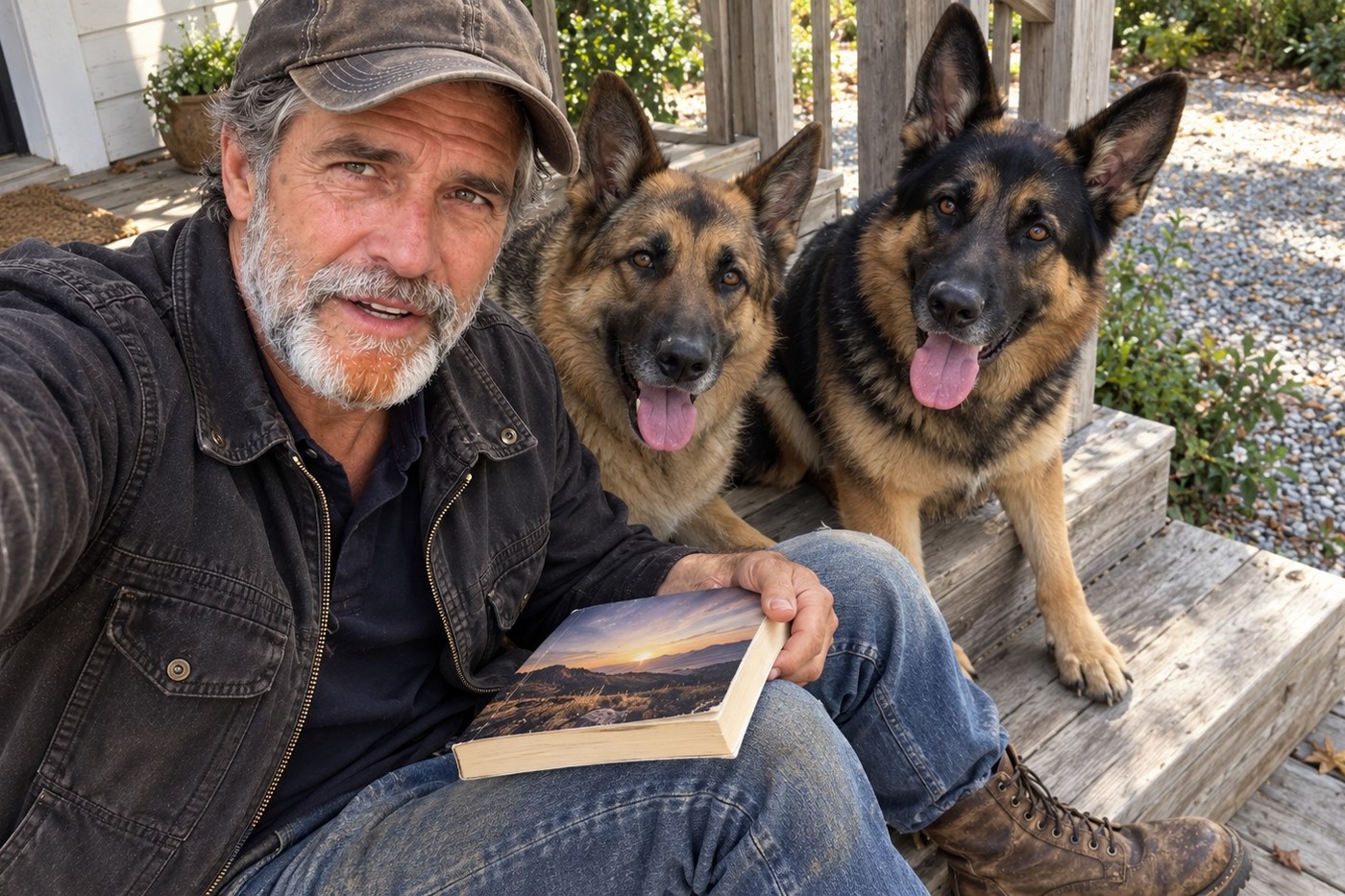 Hank reading The Shepherd Manual on his porch with his dogs